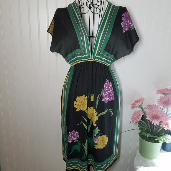 Floral Print Empire Waist Plunge Neckline Dress M - Picture 1 of 8